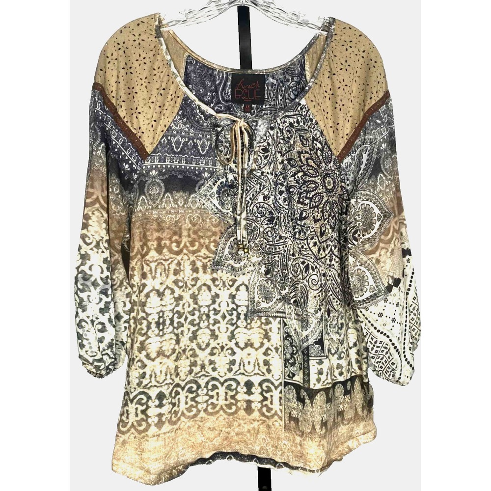French Blue women's blouse flowy size 1X whimsigoth peasant bohemian paisley